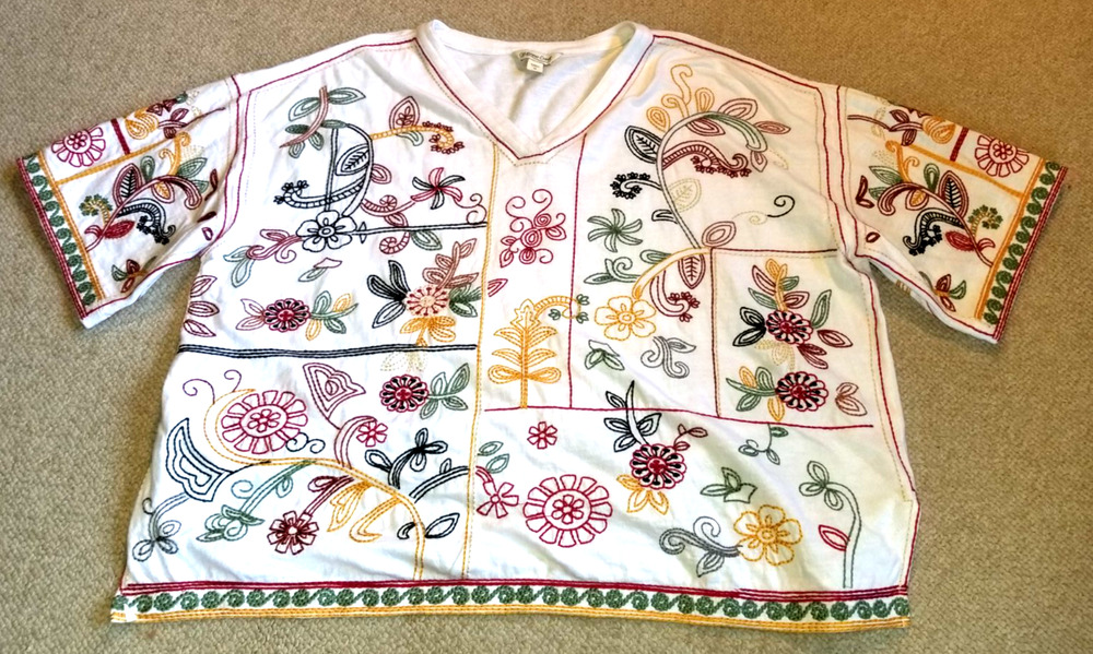 Womens Top-COLDWATER CREEK-white floral embroidered knit Boho peasant tribal-1X